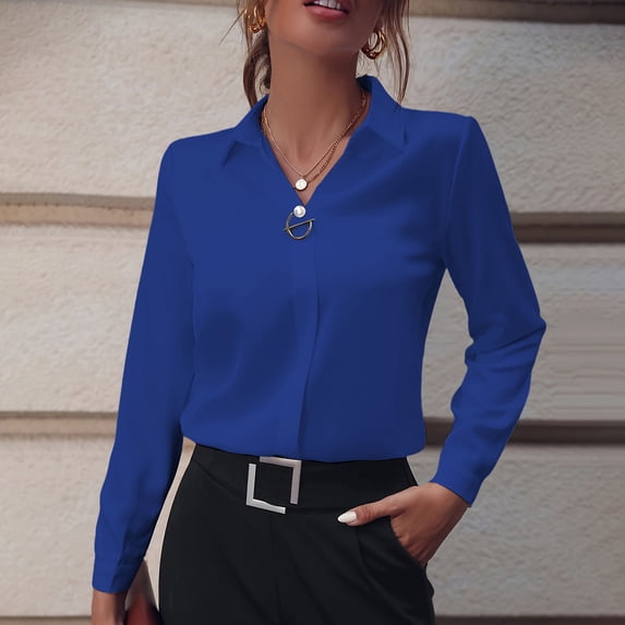HAOTAGS Womens Shirts Button Down Royal Blue Trendy Shirts V Neck Long Sleeve Solid Blouses for Women