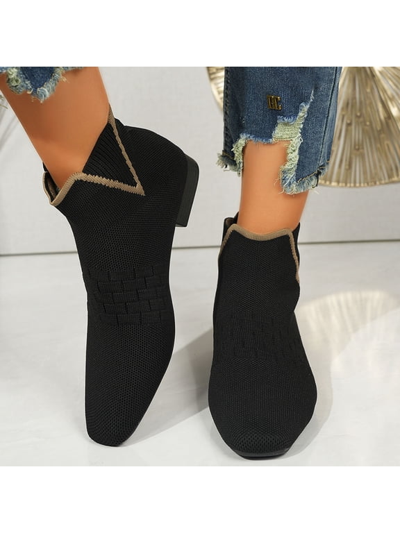 Womens Short Ankle Boots, Breathable Sock Booties Pull On Square Toe Boots Black 5.5