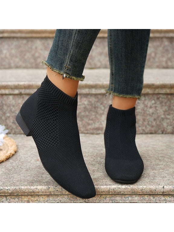 Womens Short Ankle Boots, Breathable Sock Booties Pull On Square Toe Boots Black 9