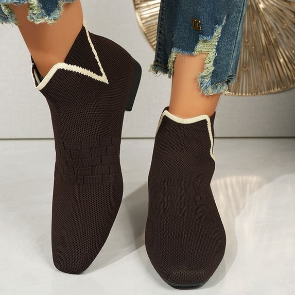HAOTAGS Womens Short Ankle Boots, Breathable Sock Booties Pull On Square Toe Boots Coffee 7.5