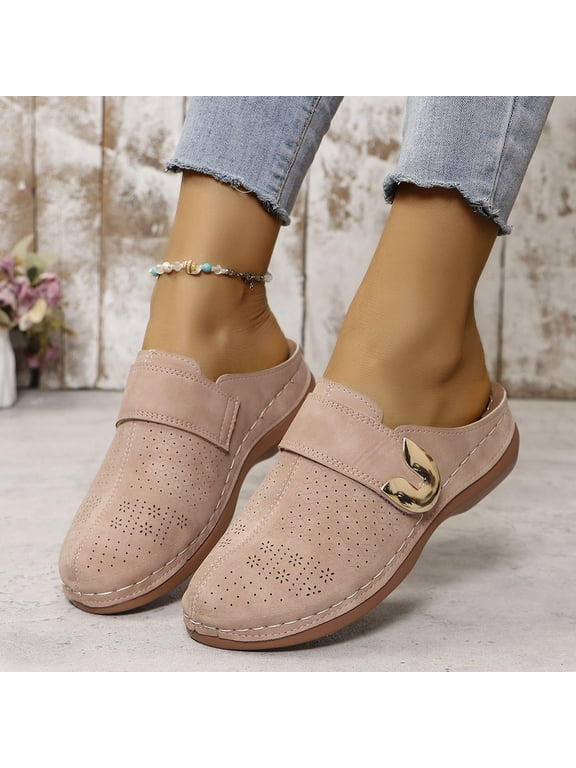 Womens Slip On Loafer Shoes Hollow Walking Platform Shoes Beige Size 9