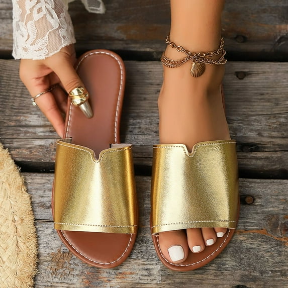 HAOTAGS Womens Slip On Sandals Flat Fish Mouth Casual Dressy Sandals Gold Size 7