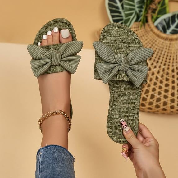 HAOTAGS Womens Slippers Flat Bowknot Summer Slip On Sandals Army Green Size 7.5