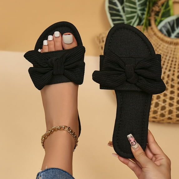 HAOTAGS Womens Slippers Flat Bowknot Summer Slip On Sandals Black Size 9.5
