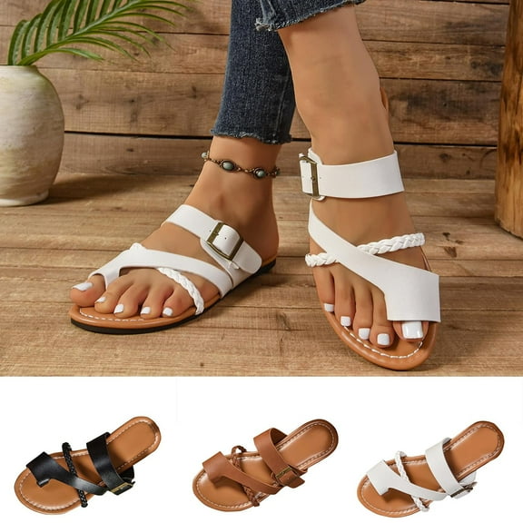 HAOTAGS Womens Slippers Flat Toe Ring Casual Slip On Sandals White Size 7