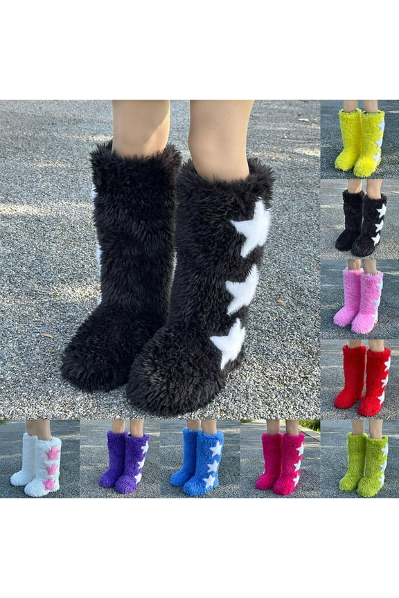 Womens Snow Boots, Casual Fall Winter Thick Trendy Mid Calf Plush Boots Black 7