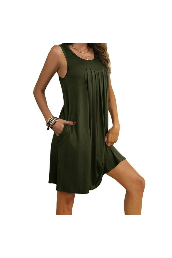 Womens Solid Color Pleated Dresses 2025 Summer Casual Sleeveless Above Knee Loose Fit Dress with Pocket Army Green Size 2XL
