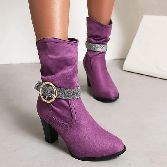 HAOTAGS Womens Suede Mid Calf Boots Buckle Strap Womens Dressy Shoes Purple Size 5.5