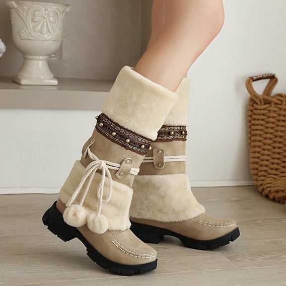 HAOTAGS Womens Suede Mid Calf Boots Winter Snow Casual Shoes Beige Size 9
