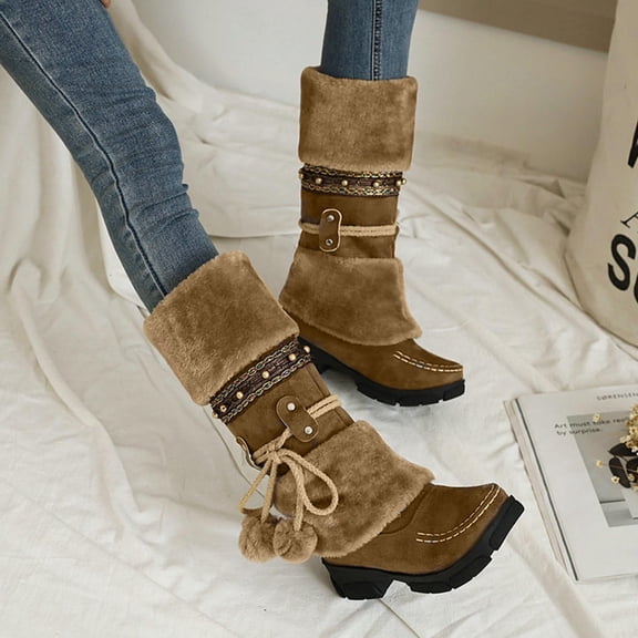 HAOTAGS Womens Suede Mid Calf Boots Winter Snow Casual Shoes Brown Size 8.5