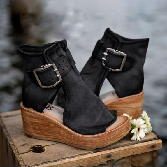 HAOTAGS Womens Summer Wedge Sandals Roman High Heel Fish Mouth Platform Casual Beach Shoes Black Size 8.5