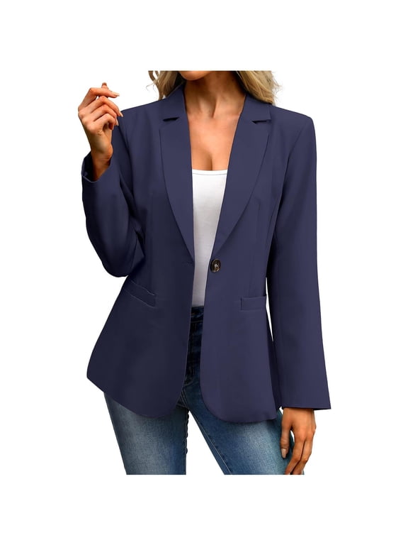 Womens Tailored Blazer, Button Office Long Sleeve Structured Coat Navy M