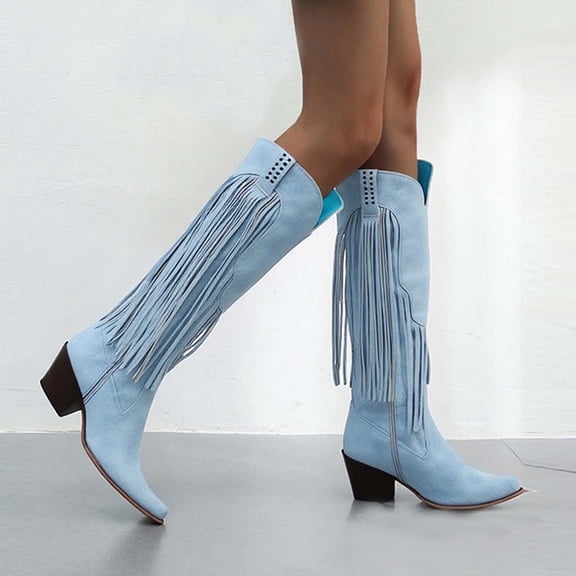HAOTAGS Womens Tassel Boots High Heel, Stylish 2025 Fall Casual Dressy Shoes for Party Light Blue 8.5