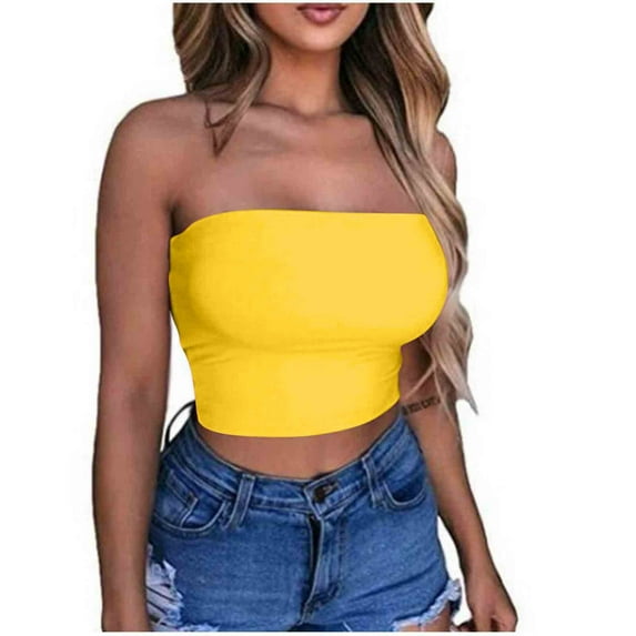 HAOTAGS Womens Tube Tops Strapless Crop Tops Sleeveless Bandeau Cute 2025 Summer Outfits Sexy Solid Tops Yellow Size L