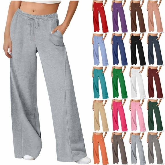 HAOTAGS Womens Wide Leg Sweatpants Fall Winter Solid Color Hight Waisted Pants White L
