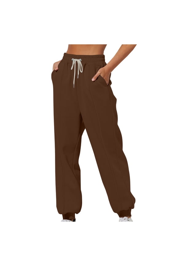 Womens Winter Sweatpants Drawstring Jogger Solid Color Sweat Pants Cinch Bottom Trousers Brown Size M