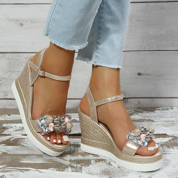 HAOTAGS Womens's Casual Walking Sandals Platform Flower Summer Wedge Sandals Gold Size 4.5