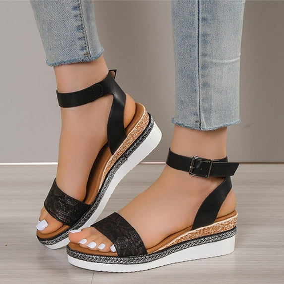 HAOTAGS Womens's Casual Walking Sandals Roman Mid Heel Summer Wedge Sandals Black Size 7.5