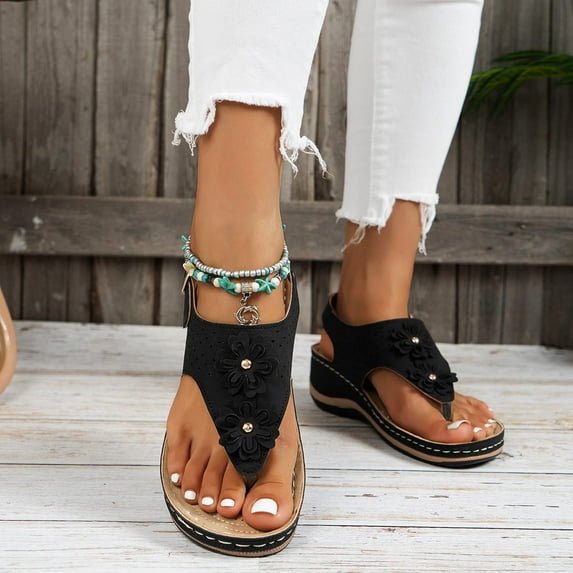 HAOTAGS Womens's Casual Walking Sandals with Arch Support Slide Sandals Flower Summer Wedge Sandals Black Size 7