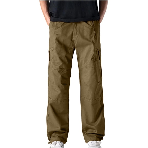 HAOTAGS Work Pants for Men, Multiple Zipper Pockets Outdoor Casual Straight-leg Lightweight Trousers Brown 5XL