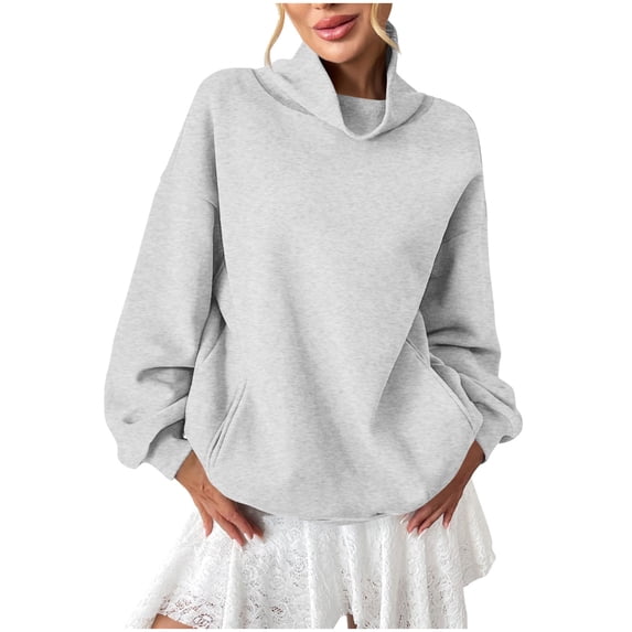 HAOTAGS Workout Shirts for Women White Dressy Casual Sweatshirts Long Sleeve Solid High Neck Blouses for Women