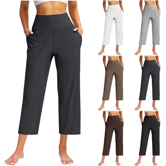 HAOTAGS Yoga Pants for Women,Breathable Everyday Straight Leg Capris with Pocket Coffee M