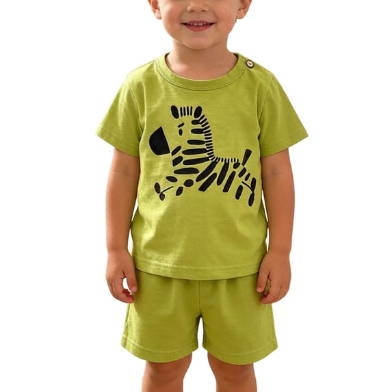 HAOTAGSBoys Outfit Sets, Cotton Graphic Short Sleeve Tee and Shorts Summer Casual Clothes 2-Piece Green 9 Months