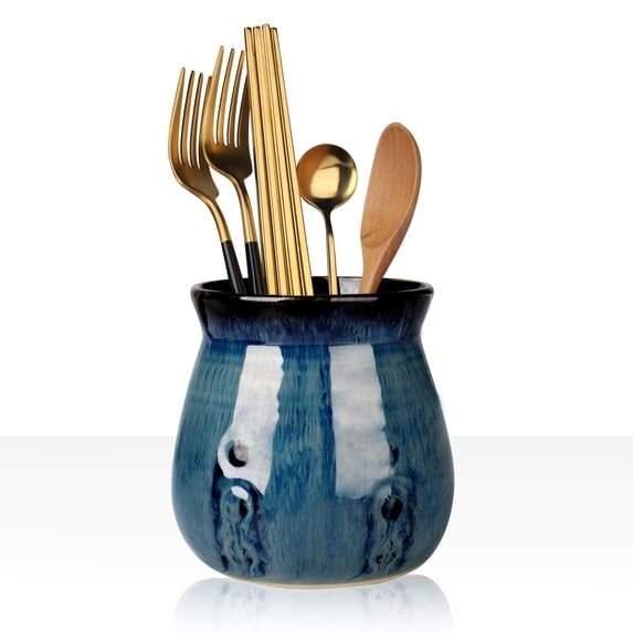 HAOTOP Ceramic Utensil Holder,Porcelain Utensil Crock Easy to Clean - 30oz (Gradient Blue)