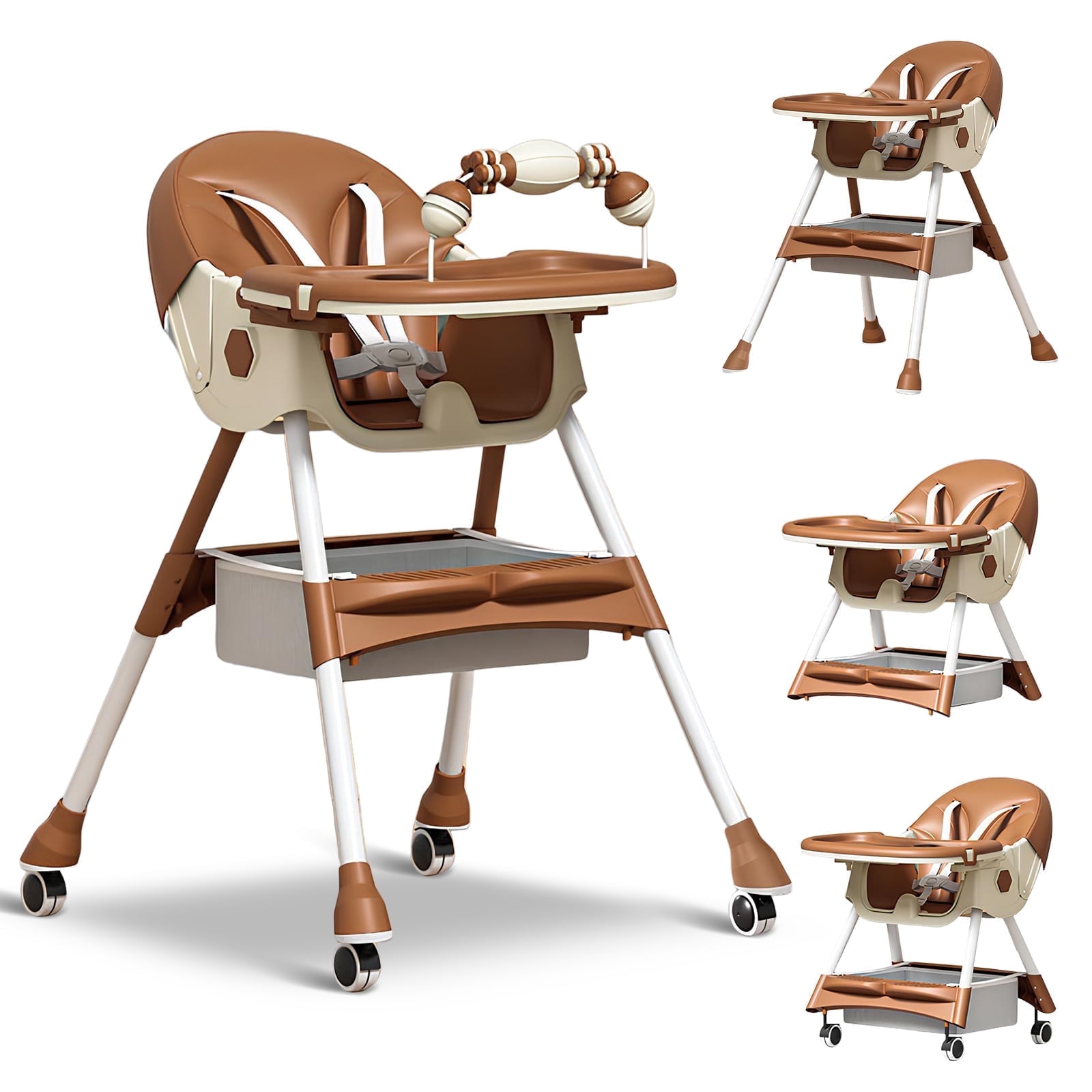 HAOUUCYIN 4-in-1 Baby High Chair, Portable Dining Chairs Eat & Play with Double-Layer Dinner Plate and Toy Rack, for 0-36 Months, Brown