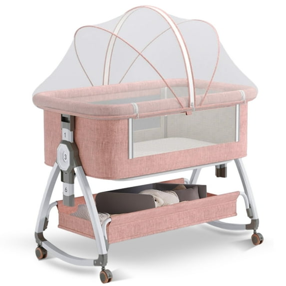 BEJOLO 5-in-1Baby Bassinet, Infant Bedside Crib with Changing Diaper Table, 6 Gear Adjustable Height, for 0-24 Months, Pink