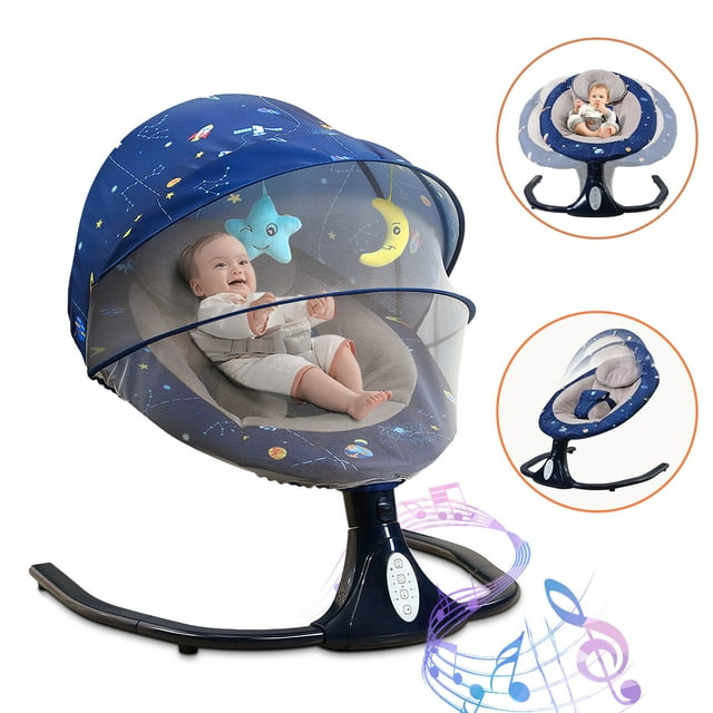 HAOUUCYIN Baby Swing for Infants, Newborn Electric Swing Chair with 4 Gears & Time & Music, Blue