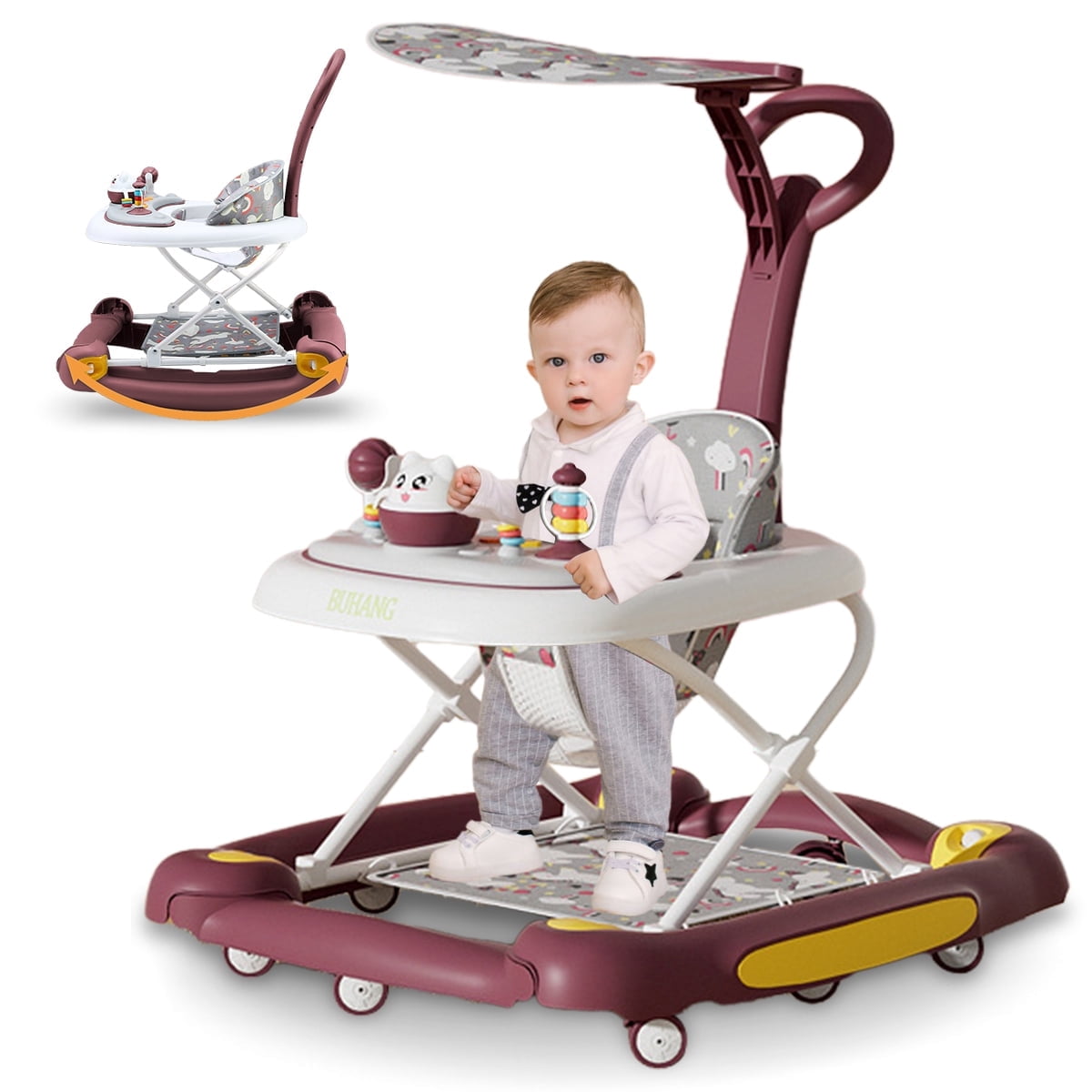 HAOUUCYIN Baby Walker, 6-in-1 Multi-functional Foldable Push Walker, 6-24 Months, Red