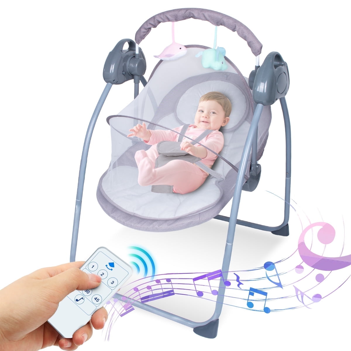 HAOUUCYIN Electric Baby Swing, Portable Infant Bouncer Cradle with bluetooth Music and Remote Control, Gray