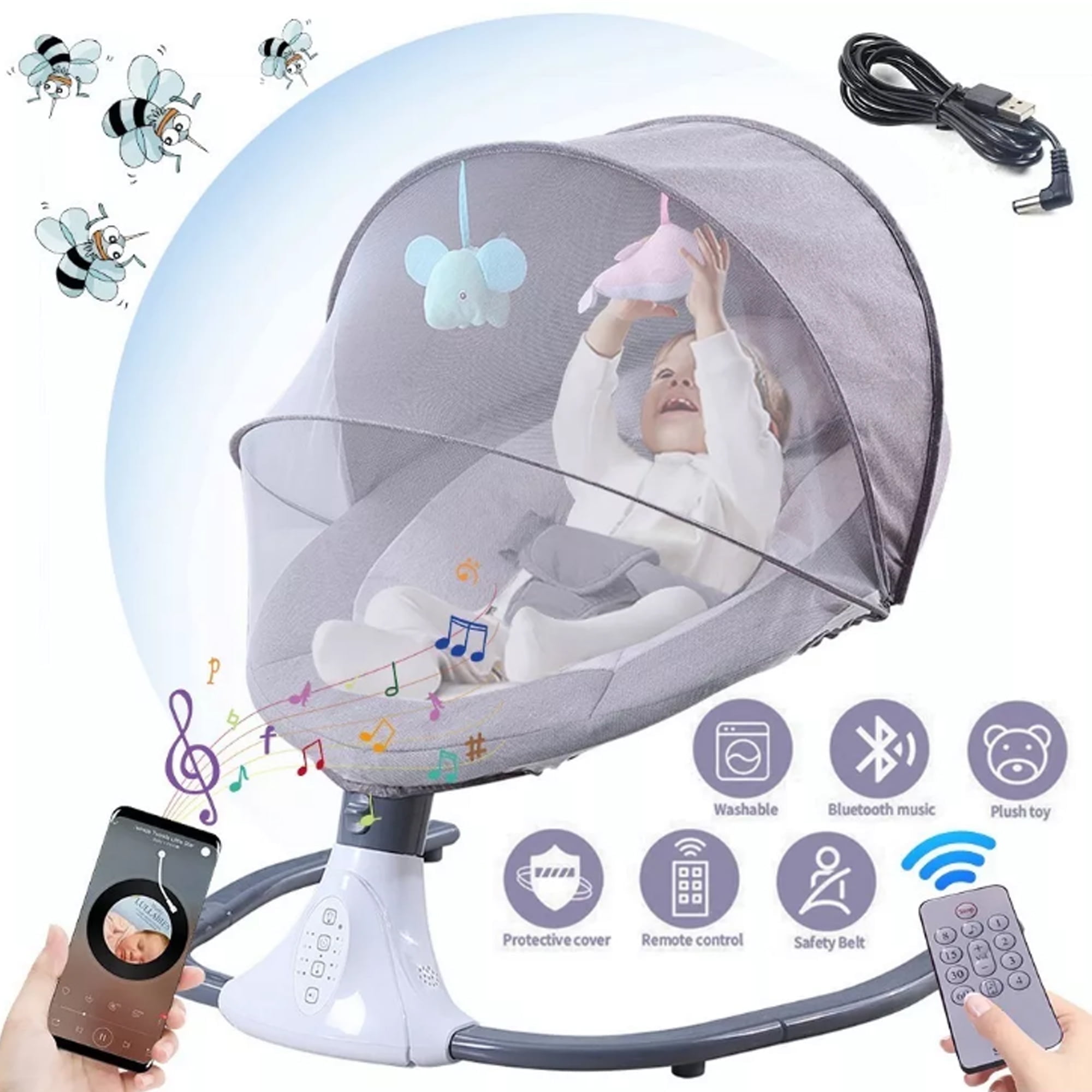 BEJOLO Electric Baby Swing for Infants, Portable Baby Bouncer with Remote Control,bluetooth Music, Gray