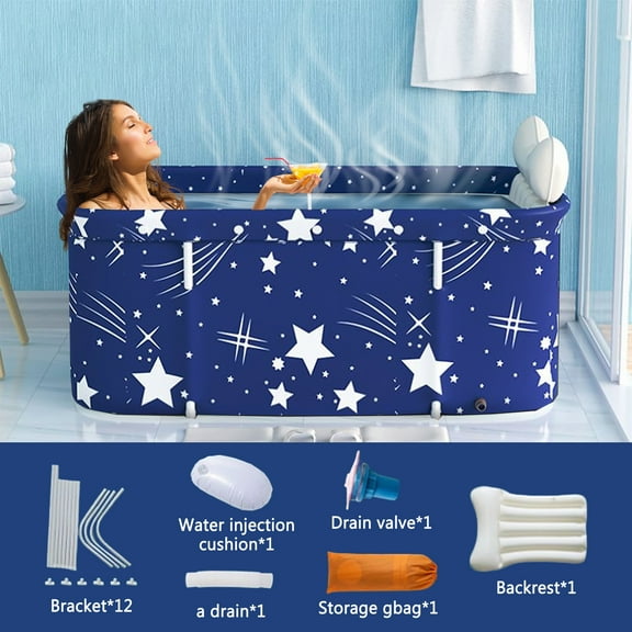 BEJOLO Folding Bathtub for Adult, 47in Large Protable Family APS Tub Foldable Soaking Bathing Shower Tub Kit, Starry Blue