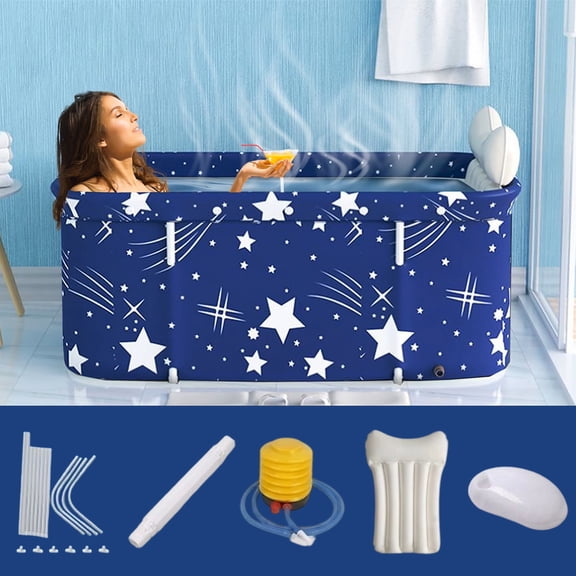 BEJOLO Folding Bathtub for Adult, 47in Large Protable Family APS Tub Foldable Soaking Bathing Shower Tub Kit, Starry Blue