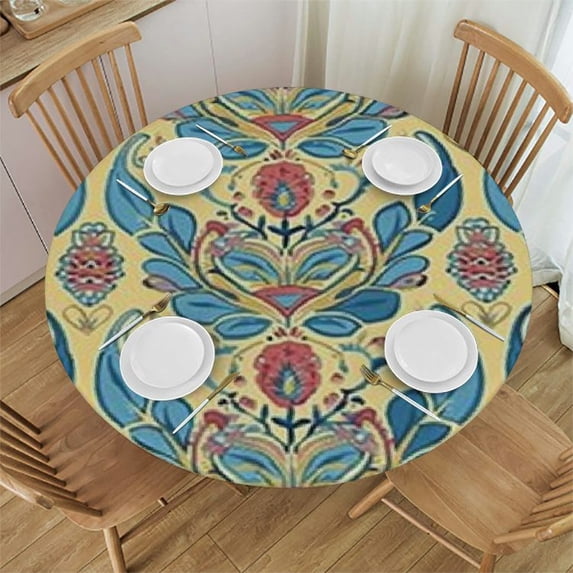 HAOXIT Abstract Fitted Round Table Cloth, Natural Yellow Background with Flowers Print Elastic Edged Polyester Table Cover, Fits Round Table, The Ultimate Protection for Your Table, Multy 46-50
