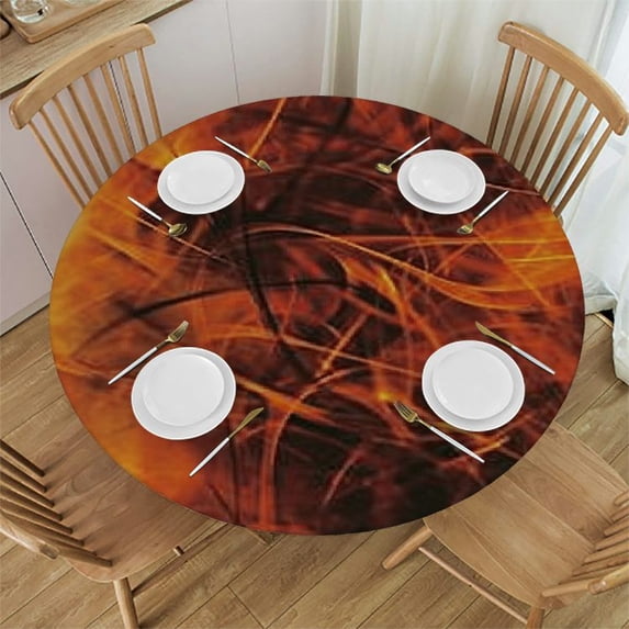 HAOXIT Abstract Round Fitted Tablecloth with Elastic Edge, Fire and Flames Design Print Polyester Table Cloth, Fits Round Table , The Ultimate Protection for Your Table, Orange 46-50