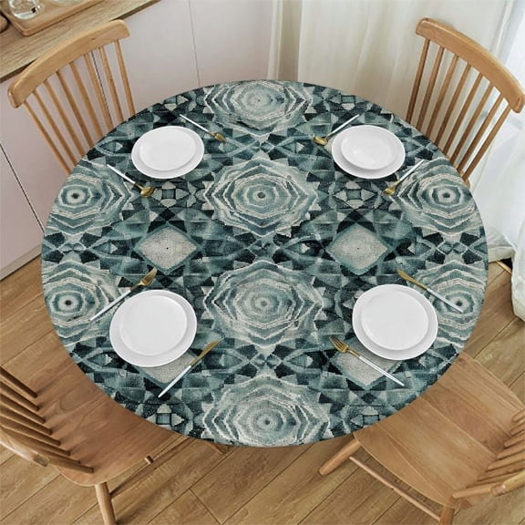 HAOXIT Abstract Round Fitted Tablecloth with Elastic Edge, Growth Rings Themed Bullseye Style Print Polyester Table Pad, Fits Round Table, for Wedding Party Banquet, Dark Teal and Pale Blue 46-50