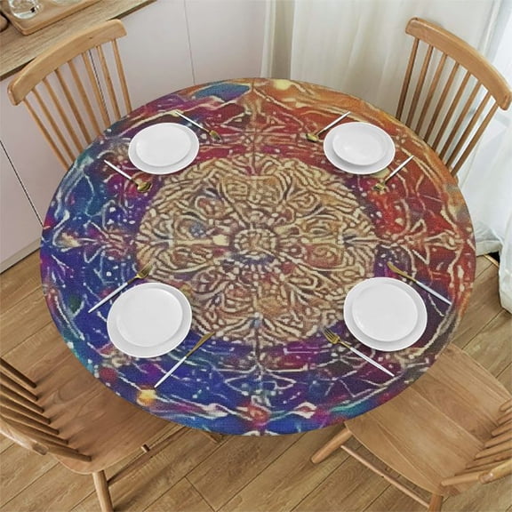 HAOXIT Abstract Round Fitted Tablecloth with Elastic Edge, Highly Detailed Floral Oriental Pattern Print Polyester Table Cover, Fits Round Table, for Wedding Party Dining Banquet, 42-46