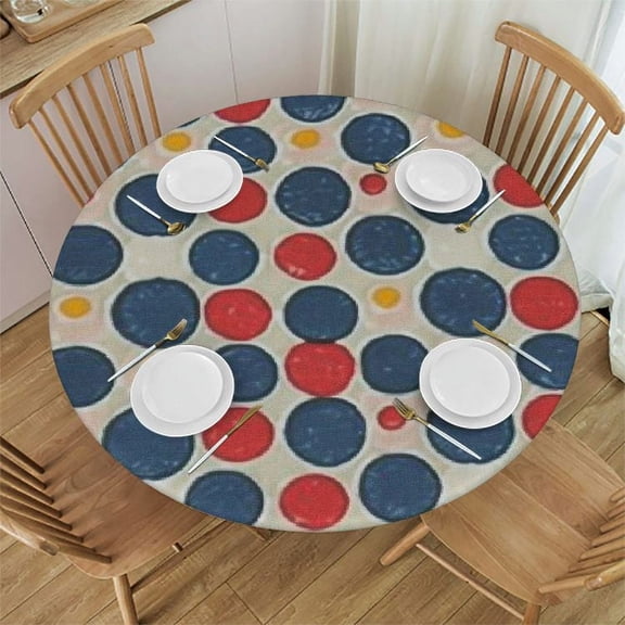 HAOXIT Abstract Round Fitted Tablecloth with Elastic Edge, Large Circles Inner Stripes Print Table Pad, Fits Round Table, for Wedding Party Banquet, Cream Dark Coral Night Blue 46-50