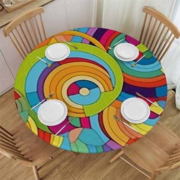 HAOXIT Abstract Round Fitted Tablecloth with Elastic Edge, Rainbow Tone Psychedelic Retro Graphic Print Polyester Table Pad, Fits Round Table, The for Your Table 54-58