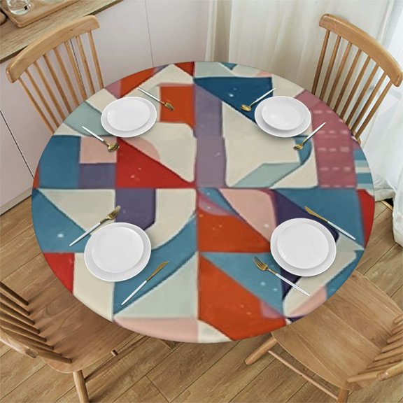 HAOXIT Abstract Round Fitted Tablecloth with Elastic Edge, Tiles Lines Print Polyester Table Cover, Fits Round Table , The Protection for Your Table, Multy 31-35