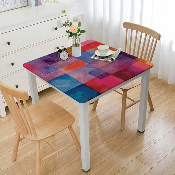 HAOXIT Abstract Square Fitted Tablecloth with Elastic Edge, Rainbow Colored Geometric Square Shaped Print Polyester Table Cloth, Fits Square Table , for Party Holiday Spring/Summer, Multicolor 36*36