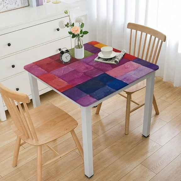 HAOXIT Abstract Square Fitted Tablecloth with Elastic Edge, Rainbow Colored Geometric Square Shaped Print Polyester Table Cover, Fits Square Table, for Wedding Party Dining Banquet, Multicolor 36*36