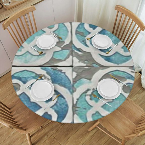 HAOXIT Abstract Turquoise Round Tablecloth Waterproof & Stainproof Tablecloths, Wipeable Table Cloth Wrinkle-Free for Dining/Party/Wedding Modern Geometric Gradient Grey Plaid 31-35