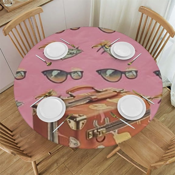 HAOXIT Airplane Tablecloth, Vacation Pattern with Luggage and Sunglasses, Dining Room Kitchen Round Table Cover