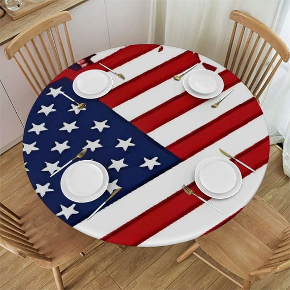HAOXIT  American Flag Fitted Tablecloth Round, Waterproof Elastic Edge Polyester Table Clothes, Dust-Proof Wrinkle Resistant Tablecloths, Blue Red Whiteamerican Flag 31-35