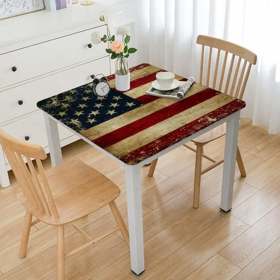 HAOXIT American Flag Square Fitted Table Cover, Wooden Planks Elastic Edge Tablecloths, Stain Resistant Table Cloth for Spring Summer Holiday Party Use, Fits Square Table 44''x44''