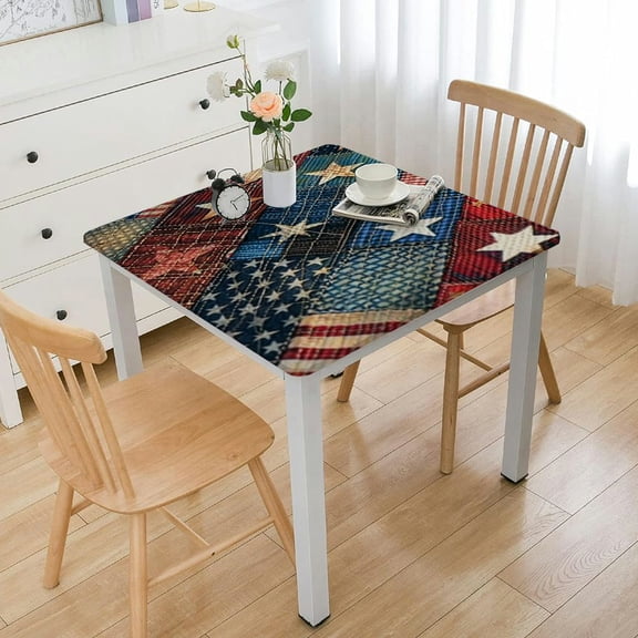 HAOXIT American Flag Tablecloth for Rectangle Tables Denim Patchwork of American Flag Picnic Table Cover Indoor and Outdoor Table Cloth Camping Tablecloths for Dinner Kitchen 48''x48''